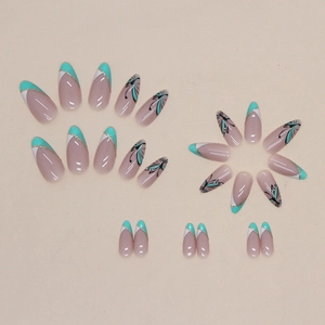 Almond shaped press-on nails featuring mint green French design and butterfly patterns