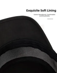 Macro detail of breathable mesh lining and soft cotton sweatband inside the black cap