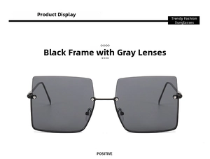 Front view of square oversized sunglasses with black frame and grey lenses for women