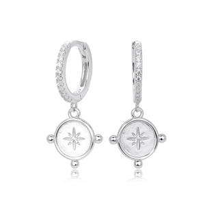 Minimalist S925 sterling silver hoop earrings with diamond-encrusted octagram star pendant