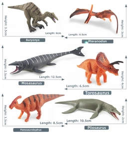 Size chart showing mini Jurassic dinosaur models including Baryonyx and Mosasaurus toys