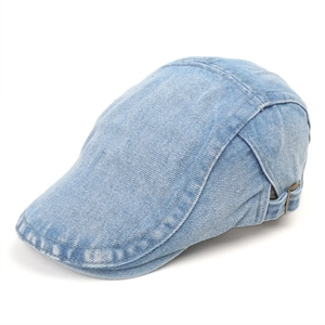 Classic light blue washed denim newsboy cap with adjustable bronze metal buckle
