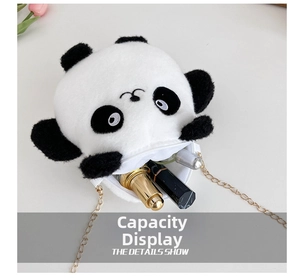 Detail showing inner capacity of plush panda crossbody bag with golden chain strap
