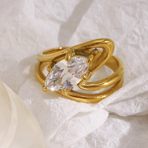 18K gold plated stainless steel double layered ring with teardrop zircon stone