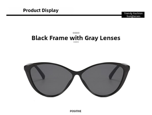 Front view of black cat-eye sunglasses with dark grey lenses and full-frame design