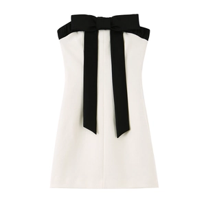 Robe Mini Bustier Avec Grand Noeud Contrasté Élégante Polyester Fête Cocktail Tube Top Femmes Noir Et Blanc
