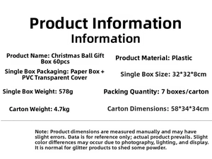 Specifications of 60pcs Christmas ball set with plastic material and size 32x32x8cm