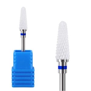 White ceramic bullet nail drill bit with blue ring indicator and silver metal shank