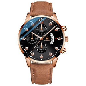 Men's business quartz watch with rose gold case, Roman diamond dial, and brown leather strap