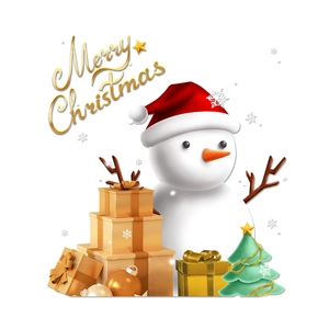 3D Christmas snowman window stickers with gold gift boxes and festive tree decoration