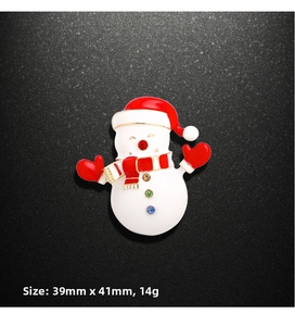 Detail showing the 39mm by 41mm size and 14g weight of this festive snowman brooch