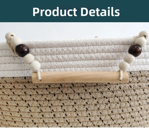 Detail of cotton rope woven bag with wooden handle and decorative wooden beads
