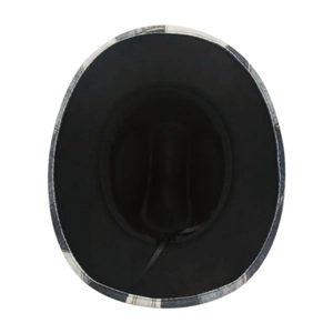 Detail of western fedora hat featuring black interior lining and plaid patterned brim