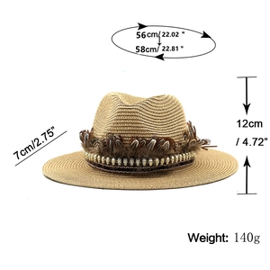 Khaki straw boater hat with brown feather band and gold skulls for summer sun protection