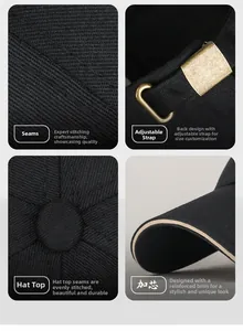 Detailed views of black baseball cap stitching, metal buckle, and reinforced brim