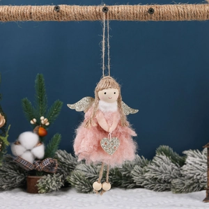 Pink plush angel Christmas tree ornament with gold sequin wings and heart hanging decor