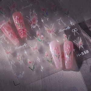 Pink butterfly and tulip nail art stickers with butterfly bow designs for manicure M-558