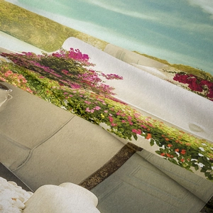 Close-up of Mediterranean garden landscape print on heavy canvas fabric texture