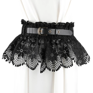 Elastic black floral lace peplum belt with leather buckle for dress decoration