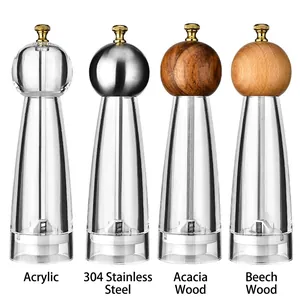Manual pepper mills in acrylic, stainless steel, and acacia wood with ceramic core