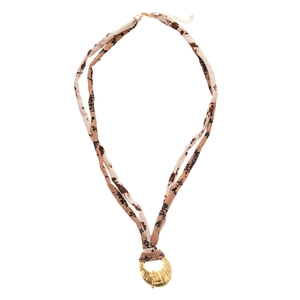Vintage fabric print choker necklace with golden crescent moon pendant and floral pattern