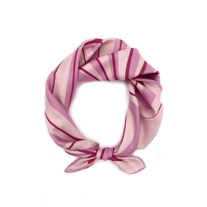 Detail of pink and purple silk square scarf with geometric stripe pattern and satin finish