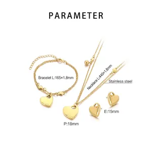 Detailed view of 18K gold plated stainless steel heart jewelry set with exact dimensions