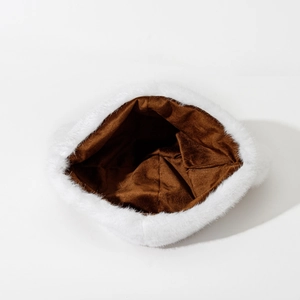 Winter faux fur cat ear hat with white plush trim and warm brown velvet lining