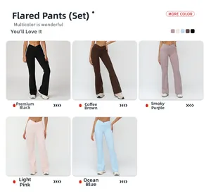 Detail of high-waist V-neck yoga flare pants with side pockets in five assorted colors