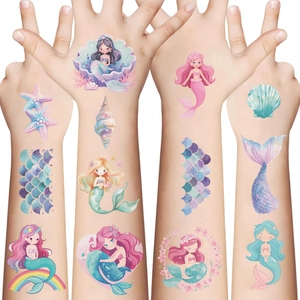 Waterproof cartoon mermaid temporary tattoos for kids featuring colorful sea life patterns