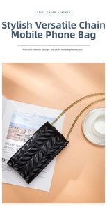 Detailed view of split layer leather phone bag with quilted texture and gold chain