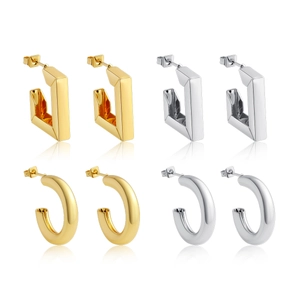 Set of 4 pairs of geometric C-shaped hoop earrings in gold and silver plated metal