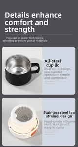 Detail of all-steel lid with handle and stainless steel tea filter with silicone seal
