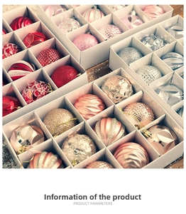 Detailed set of 12 multi-textured 6cm Christmas balls in red, pink, and gold within a box