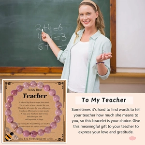 Natural agate and quartz beaded bracelet with bee charm on teacher gift card