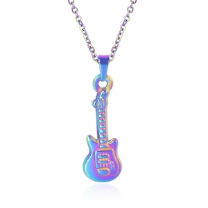 Macro shot of rainbow gradient electric guitar pendant necklace in polished stainless steel