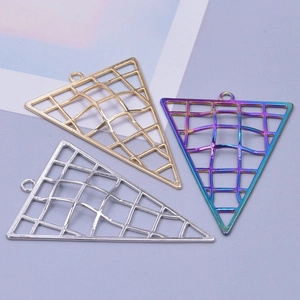 Three triangular mesh pendants in gold, silver and rainbow for DIY jewelry making