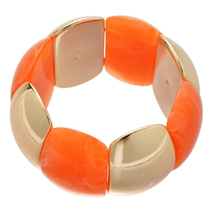 Elastic bracelet with orange marble resin blocks and polished gold metal accents