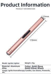 Detail of rose gold arc lighter showing 178mm length and aluminum alloy texture