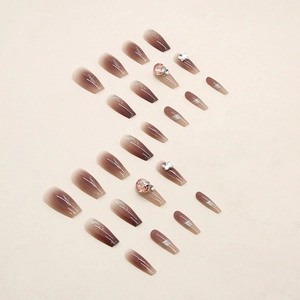 Gradient brown press-on nails set with glitter rhinestones and 3D butterfly decorations