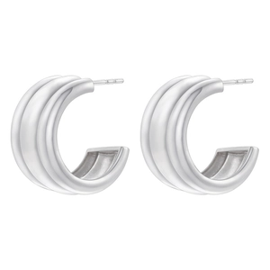 Detailed view of silver triple-row C-shaped hoop earrings with a sleek metallic finish
