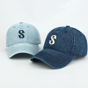 Washed denim baseball cap with S embroidery in light blue and dark blue colors