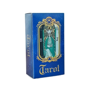Detailed close-up of blue A.E. Waite Tarot card box with High Priestess illustration