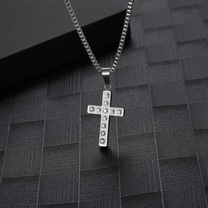 Hip hop style silver iced out cross pendant necklace with box chain for men and women