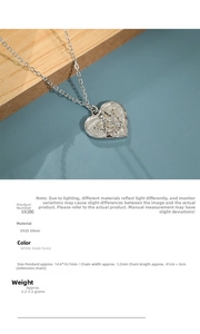 Detailed close-up of a S925 sterling silver heart angel pendant with dimensions and weight