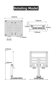 Detailed size chart of the rotating aluminum tablet stand showing dimensions in millimeters
