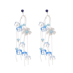 Bohemian silver needle acrylic flower tassel earrings in blue and white floral design