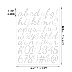 Detailed size chart for 1-inch metallic silver alphabet stickers on white background
