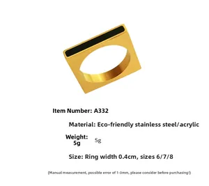 Macro detail of 18k gold plated stainless steel square ring with black acrylic inlay