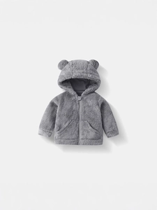 Plush kids hooded jacket in grey featuring cute bear ears and full zipper closure